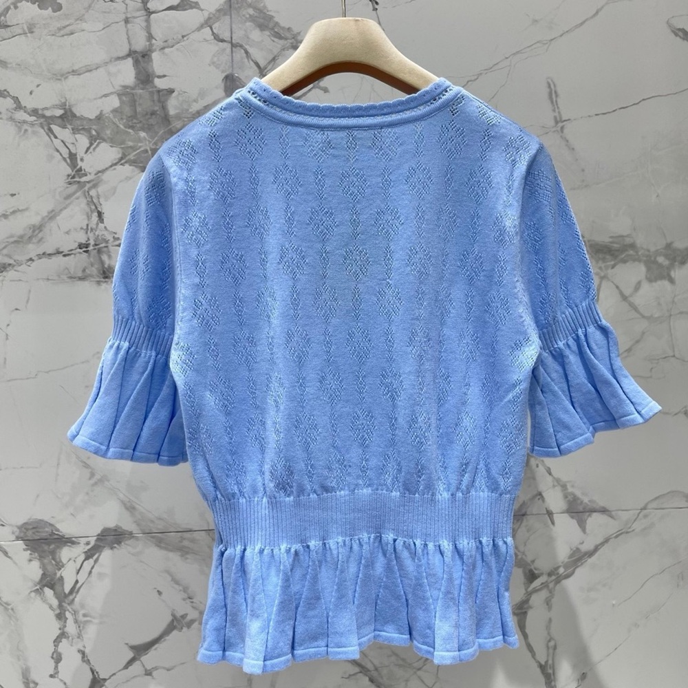 MIU MIU blue short-sleeved knit top with ruffled hem and cuffs - Picture 2 of 8